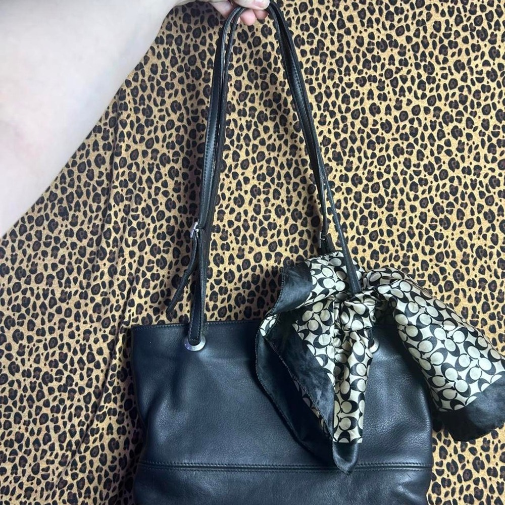 Black Coach leather handbag with coach scarf